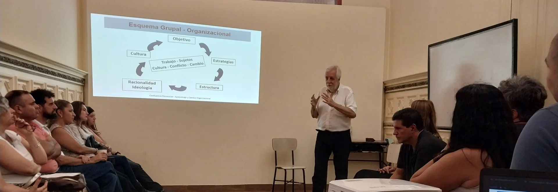 Carlos explicando un esquema grupal organizacional durante el seminario